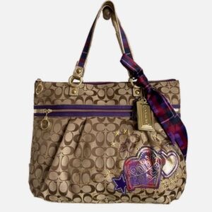 COACH #15882 Poppy Tartan Plaid Applique Glam Large Tote Bag-Signature Canvas